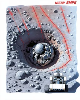 High-altitude lunar reconnaissance satellite image of a young impact crater. larger regolith along right ride. A massive damaged metallic alien sphere with fracture lines on the crater floor. Thin red organic growth radiates across regolith and up crater walls. At the lower frame edge outside the crater, a small modern white single-seat lunar vehicle sits near the rim with visible wheel tracks. Stark vacuum lighting, no atmosphere, pitch-black space, comic page pencils