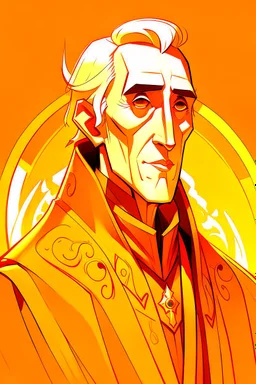 A portrait of Christopher Lee in his thirties as an elf mage, dressed in an expensive orange medieval shirt, in the style of Genndy Tartakovsky