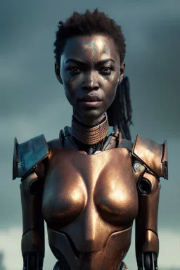 portrait,beautiful african robot, post-apocalyptic in a cyberpunk city, realistic, intriacte detail, sci-fi fantasy style, volumetric lighting, particales,highly detailed,cinamatic, deep