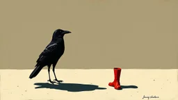 Long Shadows: raven, red fish, red boots, abstract surrealism, minimal, conceptual art