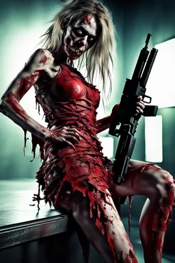 12k ultra-high-definition rendering of a zombie model in a photo studio ,The zombie, adorned in a red ripped tight dress, ripped sideways from top to bottom, long slit, shoes are fashionable platforms, big gun on side thigh, exudes a sinister aura under the studio's dark and mysterious lighting