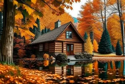 Cabin in the woods, autumn colors, lake with crystal clear water, mountains bokeh background, serenity.