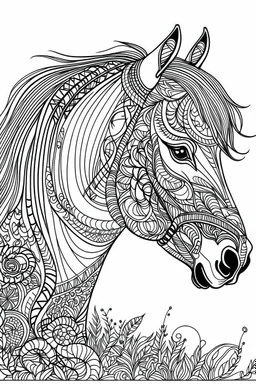 create a 2d black outline, "horse coloring book for girls", coloring page, low details design, black contour, coloring page design, simple background, colorful , card style, coloring page for girls, white background, sketch style