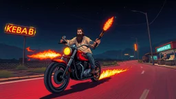 The kebab man driving fast on his holy motorcycle, fire from the exhaust, holy widescreen picture, holy empty road on the holy country at night, comic style, no helmet and he have a long holy black beard, neon kebab signs along the road, jesus stand at his market stand selling holy kebabs, simon stålenhag style, pixel art