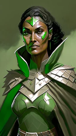 A tall human woman with tanned skin. Her face, marked by the years, always has a smirk on it, showing her superiority in the eyes of the others. She is dressed in grey armor and wears a half-green cape.