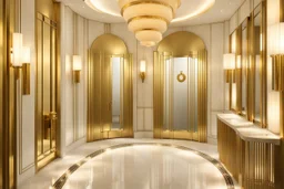 An Art Deco Foyer with mirrors and brass sconces, incandescent, gleaming