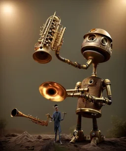 happy mechanoid person playing jazz with a steampunk theme, realistic