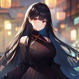 Clear focus, high resolution, black long fluffy hair, red eyes, wearing a detailed outfit