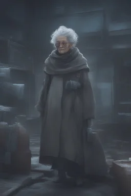 cyberpunk saggy granny woman, abandoned sci-fi town, future, sci-fi