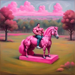 a big muscle man sitting on a pink horse.like 19th painting