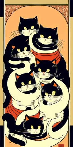  a group of cats that are on top of each other, a poster by Nōami, ukiyo-e, anime aesthetic, minimalist.