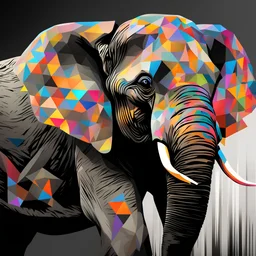 an elephant in black superimposed on a small limited abstract geometric sunlight on a black background, professional digital painting, large ribbons painted with vibrant watercolor paint made with short wide brushstrokes