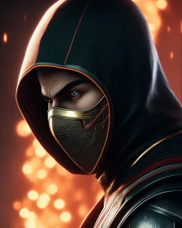 Ermac, mask cover whole face and hood , mortal kombat 11, highly detailed, hyper-detailed, beautifully color-coded, insane details, intricate details, beautifully color graded, Cinematic, Color Grading, Editorial Photography, Depth of Field, DOF, Tilt Blur, White Balance, 32k, Super-Resolution, Megapixel, ProPhoto RGB, VR, Half rear Lighting, Backlight, non photorealistic rendering