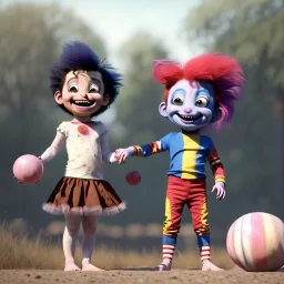 Ultra realistic circus scene. Sweet hair monster and Child’s playing, smile, happy, color bubbles, smooth color, waist up view, Wes Anderson style, dark ambient, highly detailed, concept art, unreal engine 5, god rays, ray tracing, RTX, lumen lighting, ultra detail, volumetric lighting, 3d, finely drawn, high definition, high resolution.