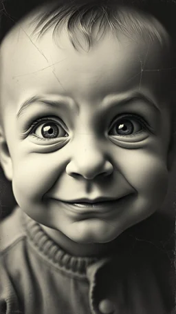 An old picture style of black and white mono very bad quality looks very old camera picture with cracks a baby face very ugly with h big wired eyes and devilish smile looks looking at you , year 1900