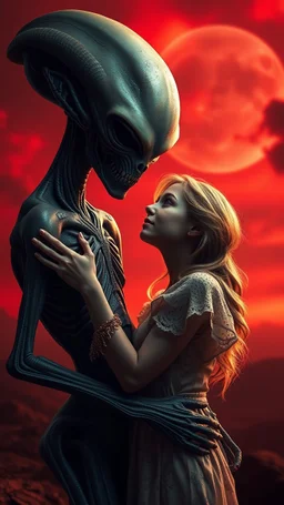 A beautiful girl hugging an ugly alien, they looks teach at each other with romantic themes background is a vivid red sky, and the lighting creates a dramatic and otherworldly atmosphere