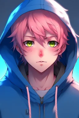 An anime man with messy short pink hair and blue eyes wearing a hooded jacket Realistic.