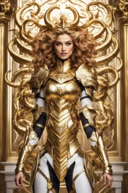 Excited pose style Facing front Gorgeous Photography Beautiful Queen Medusa hair snake Cyborg dressing Armor Mecha Golden and jewelry,luxury dragons symbol wall background