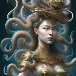 Sango fantasy, fantasy magic, intricate, sharp focus, illustration, highly detailed, digital painting, concept art, matte, art germ and Paul Lewin and Kehinde Wiley, masterpiece Indonesian lady head bronze octopus Asian African girl nice breast Thai hair turquoise silver blue waves