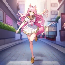 Clear focus,High resolution,High quality, Smiling, Pink long fluffy hair, Pink cat ears, Yellow eyes, Wearing a pink sailor uniform, running