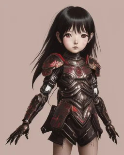 Detailed anime child girl, dark brown hair, black and red dragon scale armour, intricate details, full body portrait, keep head in frame, slight smile, black Japanese motif, concept art, highly detailed, digital painting, concept art, sharp focus, illustration, art by Yoji Shinkawa, WLOP and greg rutkowski and alphonse mucha and artgerm and yanjun Chen and Junji ito and Makoto Shinkai, HDR, octane render