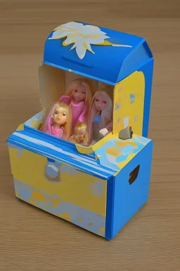 empty yellow and blue barbie doll box