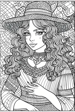 coloring pages for adults, beautiful girl in hallowen costume, in the style of Blocky, Swirly lines, Low Detail, Graded background, Black and white, No Shading, --ar 9:16