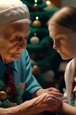 A heartwarming close-up photo of a young nurse helping an elderly person decorate a Christmas tree. Intricate details, 4k, realistic