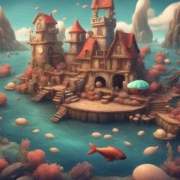 a fantasy seafood land. illustration 3d style. HD