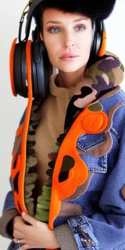 Brunette she. average body type. big head. Mantle is sewed of upcycled Denim and sewed together of camouflage pieces. Pieces' color are orange,terracotta, cream and purple. It is with big bright purple felt tippet and cream-colored-hood. mantle is merged with satchel. . Big AKG-style headphones (gold rings!) is merged with small felt cap with small visor. Style: Haute Couture in 1910's, Paris fashion in 2030, inspired by street art. Cream latex gaiter. Her head and rest body!