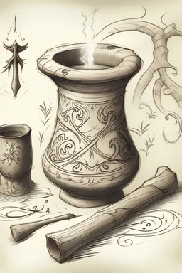 A sketch of a magical mortar & pestle made of bone with elvish runes carved into their sides