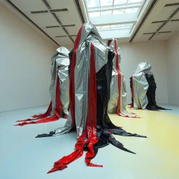 Fotografia di una installazione artistica. Su una superficie piatta di colore azzurro chiaro e giallo pastello, all'interno di una stanza di immensa, si ergono alcuni gigantesche immense enormi strutture di forma indefinita, fatte di materiali vari, ricoperte da materiale plastico argentato, rosso, e nero, che scende a terra. Max Ernst, Amano, Yves Tanguy, Piet Mondrian, James Ensor, paranoic, obsessive, eccessivo, aria aperta, sole, nuvole, glossy, surreal, hasselblad h6d400c --ar 85:128 --v 6