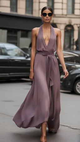 Fashion show walk onto the street. Women wear print lavanda brown ombre mini, midi, or maxi dresses for winter party wear, or autumn outfits that lend well to transitional layering, such as trench dresses and woven print dresses.