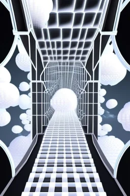 an idea is created of a bridge which has white clouds, in the style of futuristic digital art, grid formations, hall of mirrors, black and gray, photorealistic fantasies, multilayered dimensions, frontal perspective