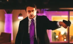 mafia leader man wearing suit, restaurant with purple lights, full of people, pointing a gun