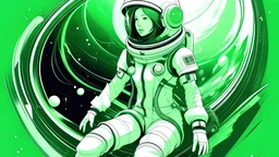 SPACE SUIT GIRL IN SPACE SHIP, SCI-FI STYLE, WHITE AND GREEN COLORS