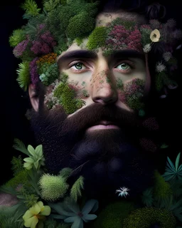 A close-up portrait of a man with a beard made of living plants, flowers, and moss, representing the harmonious connection between humans and nature.