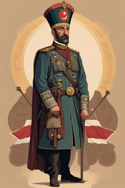 General Army, Turkey, Ottoman king, Vector, 1930 AD, Illustration, Digital Painting, flat color, 3/4 view, Position, Character,,