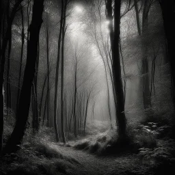 A hyperrealistic photograph of a forest amidst a deep dark black and white blurred brush strokes. The tree's intricate details are captured in exquisite detail, showcasing the beauty of nature. The contemplative and serene atmosphere of the scene is enhanced by the film-like quality of the 35mm photograph, with a granular texture adding depth and warmth.