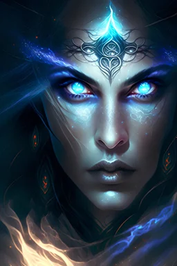 A striking portrait of an enigmatic sorceress, her eyes glowing with magical energy, as arcane symbols and swirling mists envelop her.