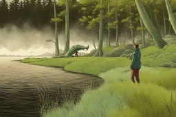 a man catching a sea monster, cartoon style Simon Stålenhag