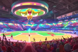 a Pokémon wrestling stadium with many lights and a big crowd, cell shading