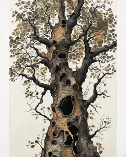 Abstract primitive tree composed of organic bark and leaf textures, fragmented into interlocking sections of varying magnification (macro veins, branch close-ups, distant silhouettes), all fused with no boundaries; rough charcoal, angular limbs and leaves, each section using distinct hatching densities and mark systems, high-contrast black on white, naive cubist/raw sketch style, continuous bleeding collage, square frame, edge-to-edge. Colored in rich but soft earth tones with the blacks preser