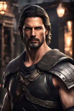 A portrait of a male warrior standing guard in front of a merchant shop, Adult man with Joe Manganiello features, fair complexion, shoulder length hair, intense eyes, black medium leather armor, necklace, portrait, digital art, dramatic lighting, high detailed