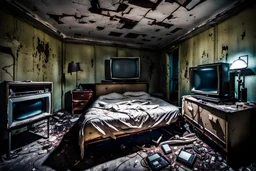 inside a creepy abandoned hotel room, broken television, bed, nightstand, post-apocalyptic style, night