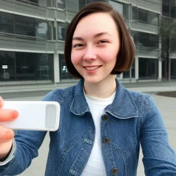 A short haired, female software engineer taking a selfie in front of Building 92 at Microsoft