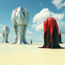 Fotografia di una superficie piatta di colore azzurro chiaro e giallo pastello, su cui si ergono alcuni giganteschime immense enormi strutture di forma indefinita, fatte di materiali vari, ricoperte da materiale plastico argentato, rosso, e nero, che scende a terra. Max Ernst, Audubon, Amano, Ernst Haeckel e Yves Tanguy, paranoic, obsessive, nightmare, aria aperta, sole, nuvole, glossy, surreal, hasselblad h6d400c --ar 85:128 --v 6.