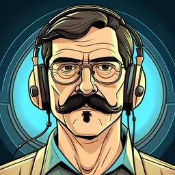 in the illustration style of Grand Theft Auto V, a promotional radio station image of a white male radio DJ with glasses and a mustache, cool stylish hair