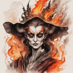 create an abstract ink wash and watercolor caricature portrait of a beautiful, malevolent, ornately dressed , 14th century sorceress engulfed in fire ,highly detailed with refined facial features in the cartoon caricature style of Gerald Scarfe and Ralph Steadman precisely drawn, boldly inked, vividly colored, 4k