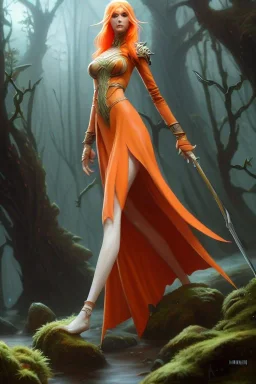 painting of a tall elven young woman with short light orange hair and freckles on the cheak bones and tall body of a topmodel light clothes, long shot, ultra realistic, concept art, intricate details, eerie, highly detailed, photorealistic, octane render, 8 k, unreal engine. art by artgerm and greg rutkowski and charlie bowater and magali villeneuve and alphonse mucha